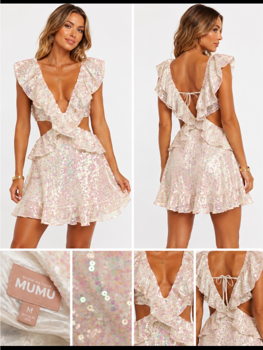 Show Me Your MuMu NWT Size M Pink Sequin Ruffle Cutout Mini Dress